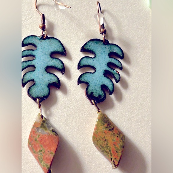 Earrings NWOT Artisan “Monstera Deliciosa” leaves Enamel Copper, Unakite swirls - Picture 7 of 8